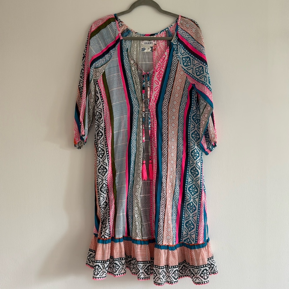 Lula Life Shirred Dress Tropical Light Cotton Pockets  S